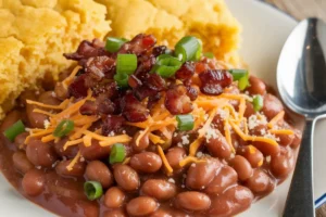 A bowl of homemade baked beans with a smoky sauce, garnished with crispy bacon and parsley.