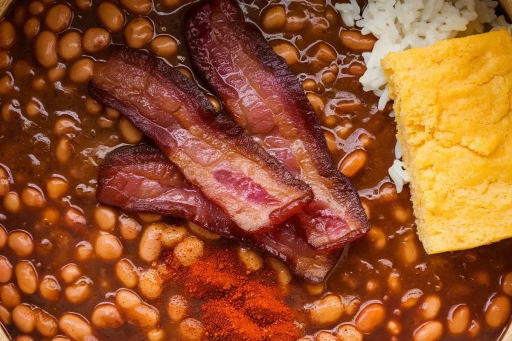 A bowl of homemade baked beans with a smoky sauce, garnished with crispy bacon and parsley.