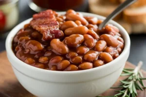 A bowl of homemade baked beans with a smoky sauce, garnished with crispy bacon and parsley.