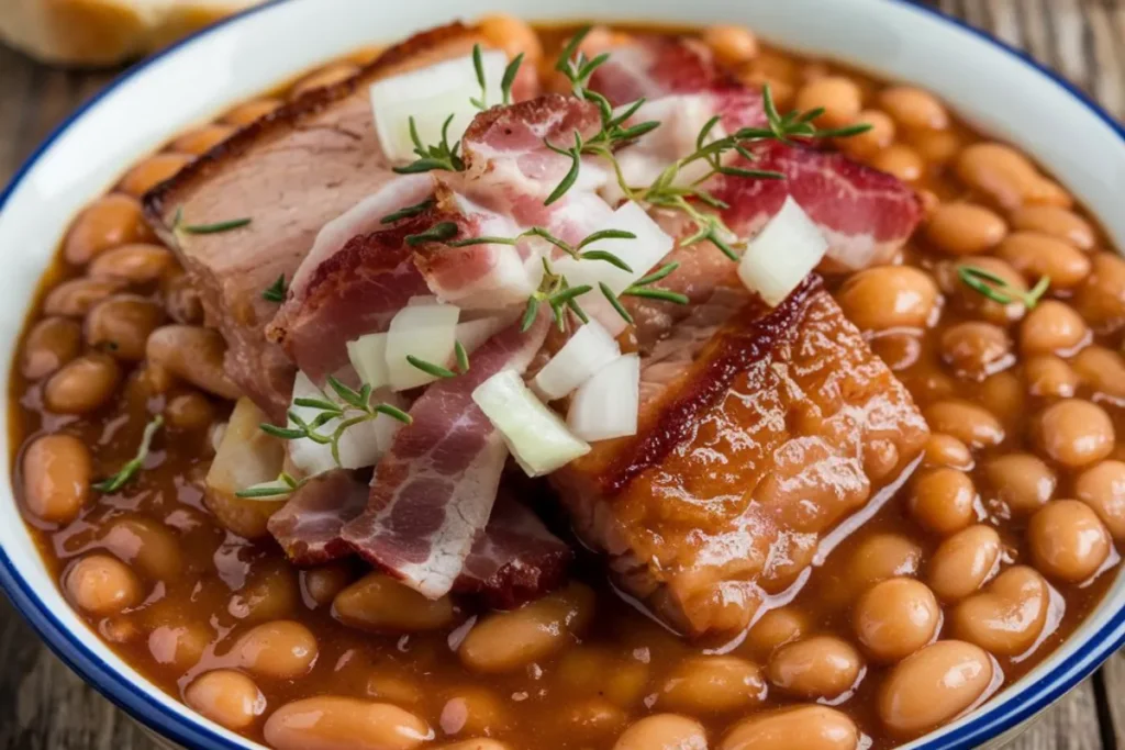 Delicious baked beans enhanced with bacon, onion, and spices.