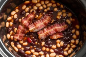 Delicious baked beans enhanced with bacon, onion, and spices.