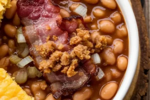 Delicious baked beans enhanced with bacon, onion, and spices.