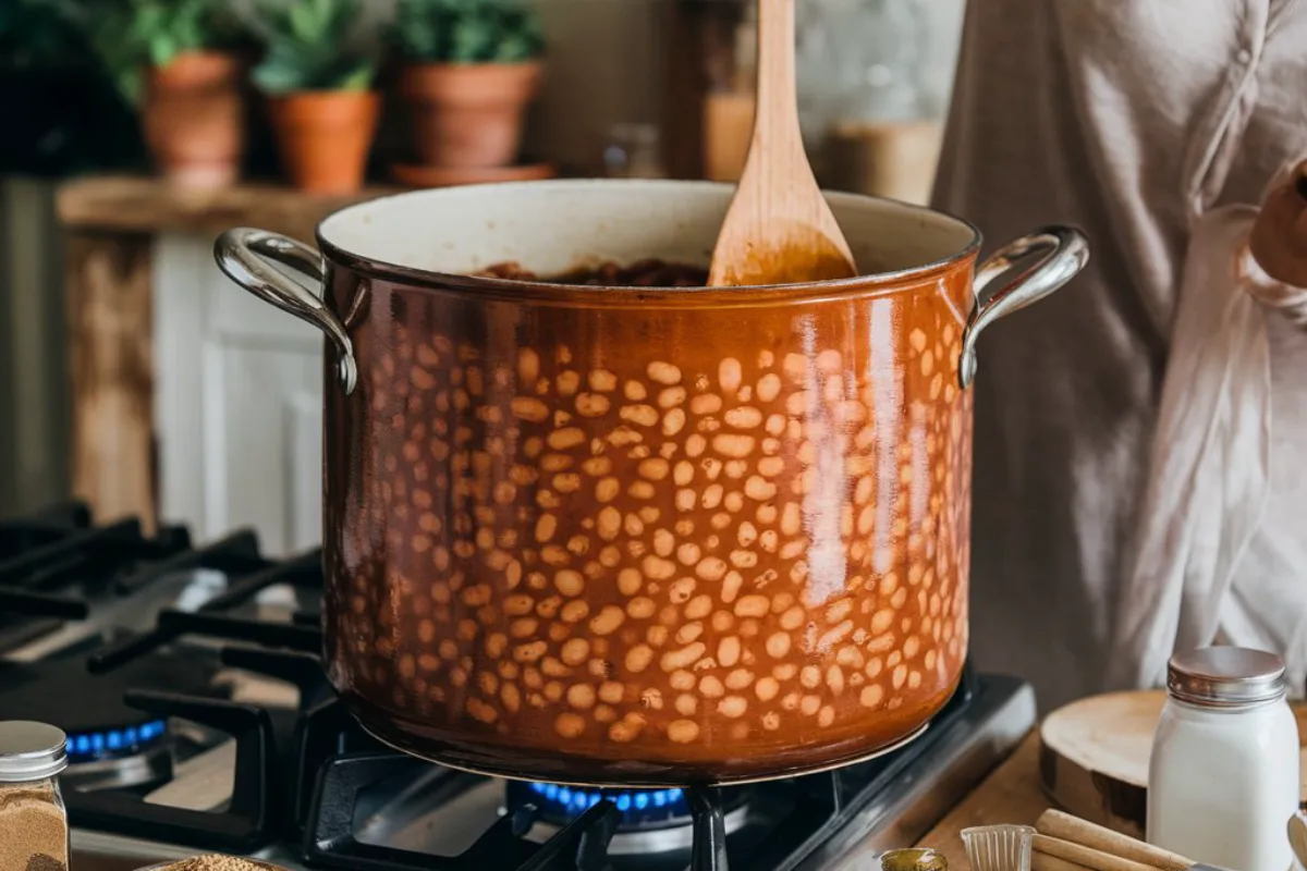 A pot of homemade baked beans with tomato sauce, bacon, and spices, served in a rustic setting.