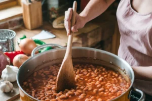 A pot of homemade baked beans with tomato sauce, bacon, and spices, served in a rustic setting.