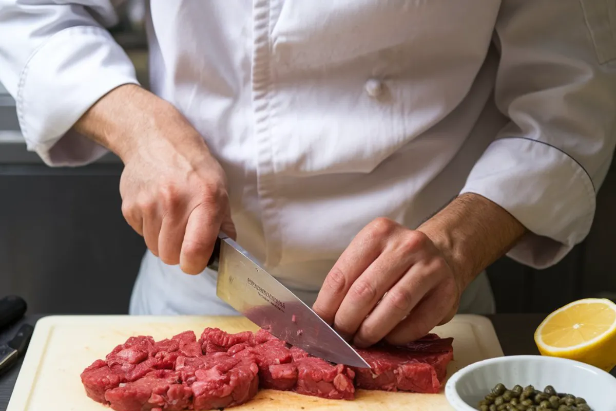 Steak tartare served on a plate with garnish