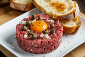 A beautifully plated steak tartare topped with a fresh egg yolk, garnished with capers and herbs.