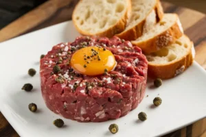 A beautifully plated steak tartare topped with a fresh egg yolk, garnished with capers and herbs.