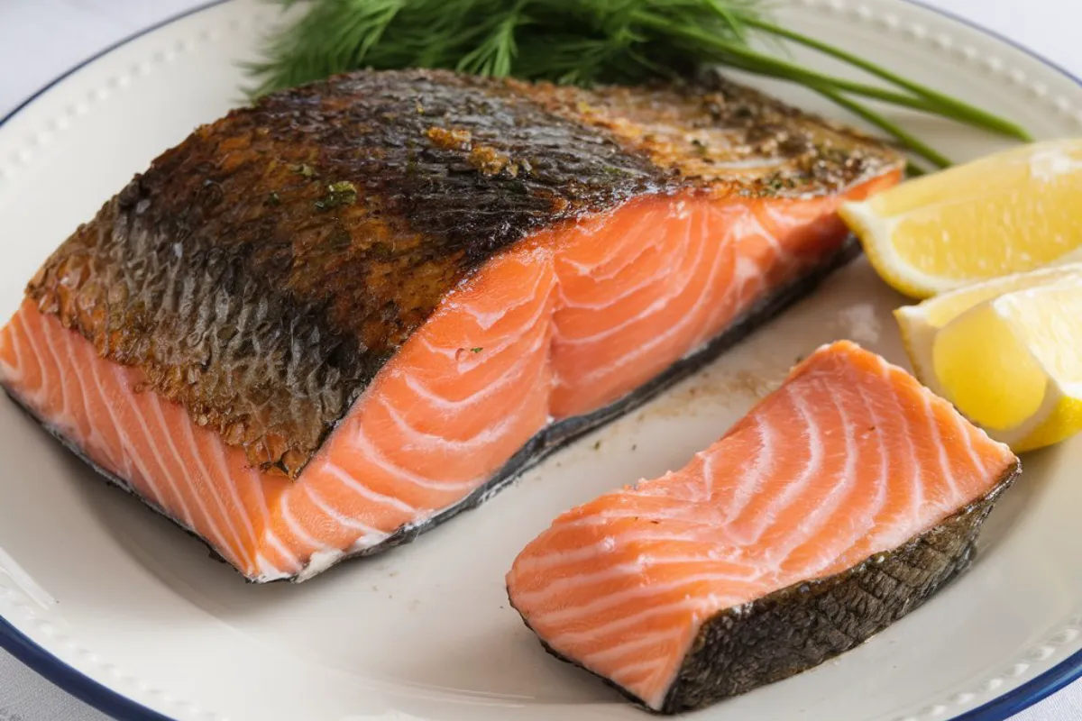 Crispy and golden salmon bites served with a side of dipping sauce.