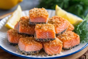 Crispy and golden salmon bites served with a side of dipping sauce.