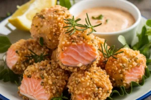 Crispy and golden salmon bites served with a side of dipping sauce.