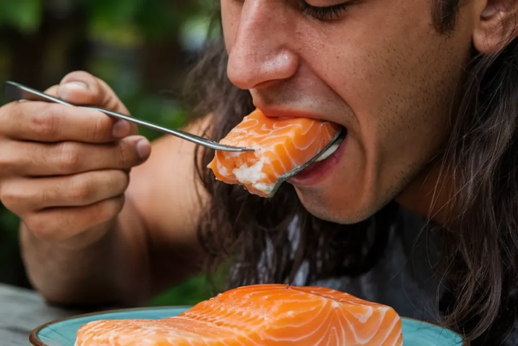 Raw salmon slices on a plate with lemon slices.