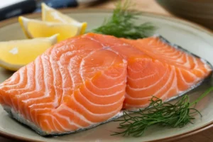 Sliced rare salmon with a pink center on a white plate.