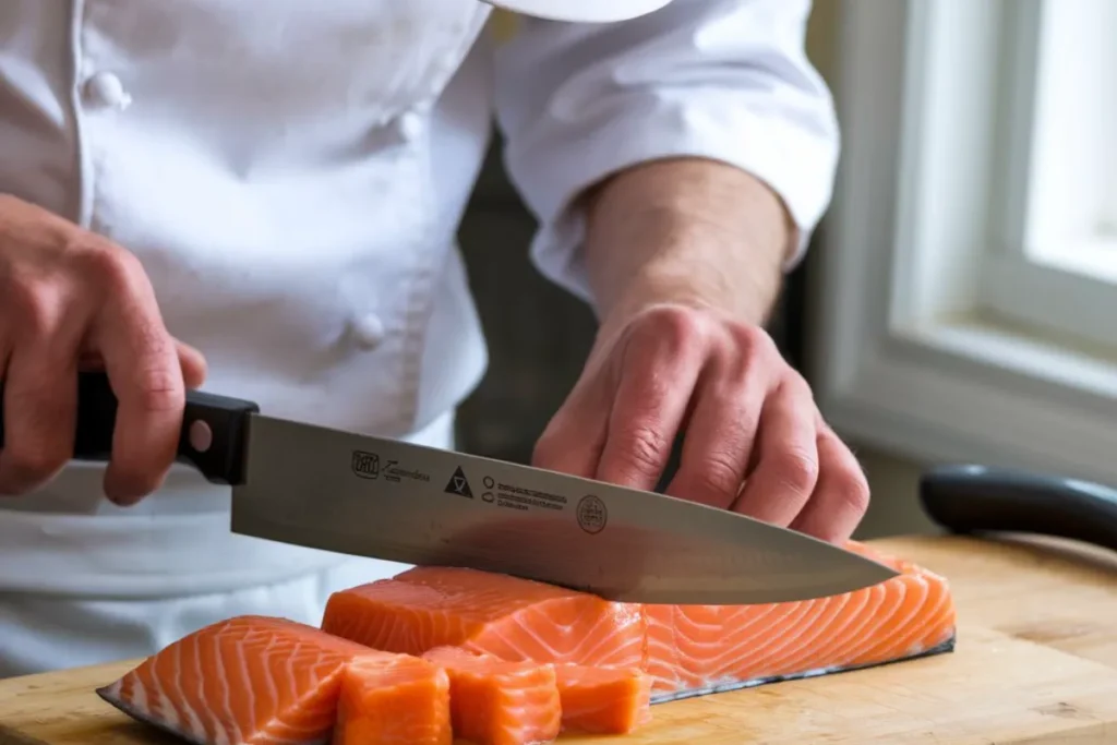 Salmon fillet being cut into uniform cubes on a cutting board.