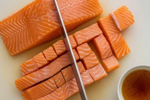 Salmon fillet being cut into uniform cubes on a cutting board.