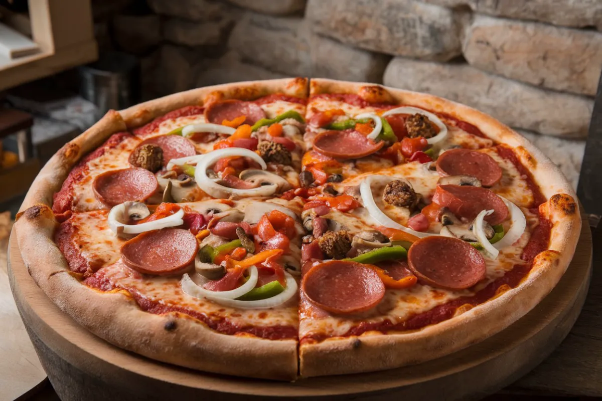 Supreme pizza with various toppings including pepperoni, sausage, and vegetables