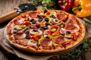 A delicious supreme pizza topped with pepperoni, sausage, bell peppers, and onions.