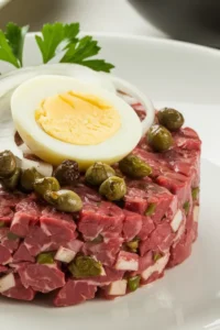 A beautifully plated steak tartare topped with a fresh egg yolk, garnished with capers and herbs.