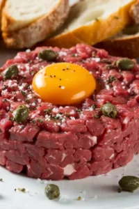 A beautifully plated steak tartare topped with a fresh egg yolk, garnished with capers and herbs.