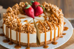 Churro cheesecake with a crispy churro crust and creamy cheesecake filling topped with cinnamon sugar.