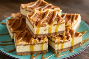 Churro cheesecake bars with a golden, cinnamon-sugar topping and creamy filling