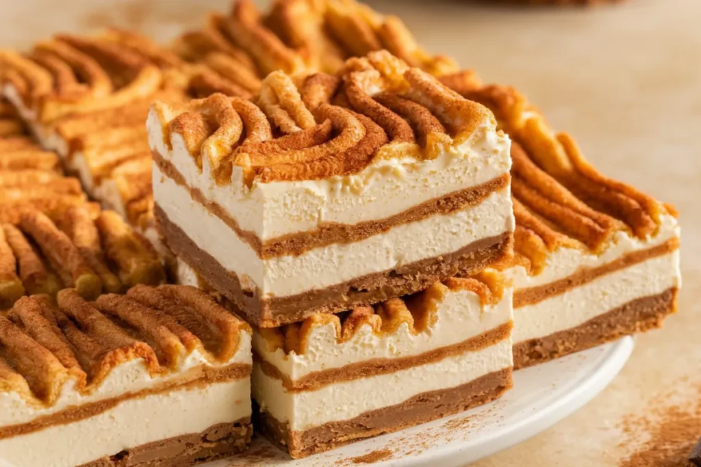 Churro cheesecake bars with a golden, cinnamon-sugar topping and creamy filling